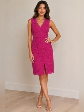Bisou Bisou Fuchsia Lace V-Neck Midi Dress Size 4